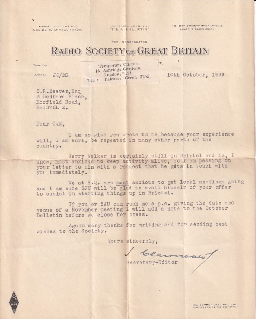 Letter from the RSGB 1939