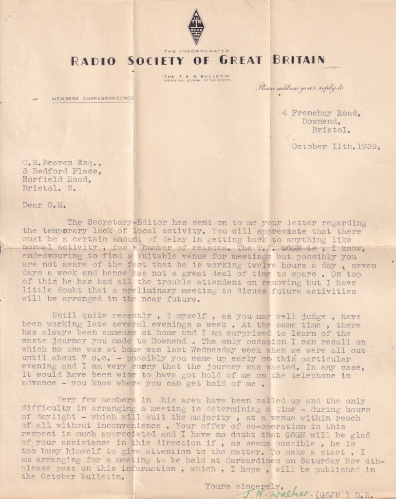 Letter from the RSGB 1939