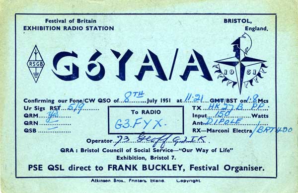 G6YA/A Festival of Britain QSL Card